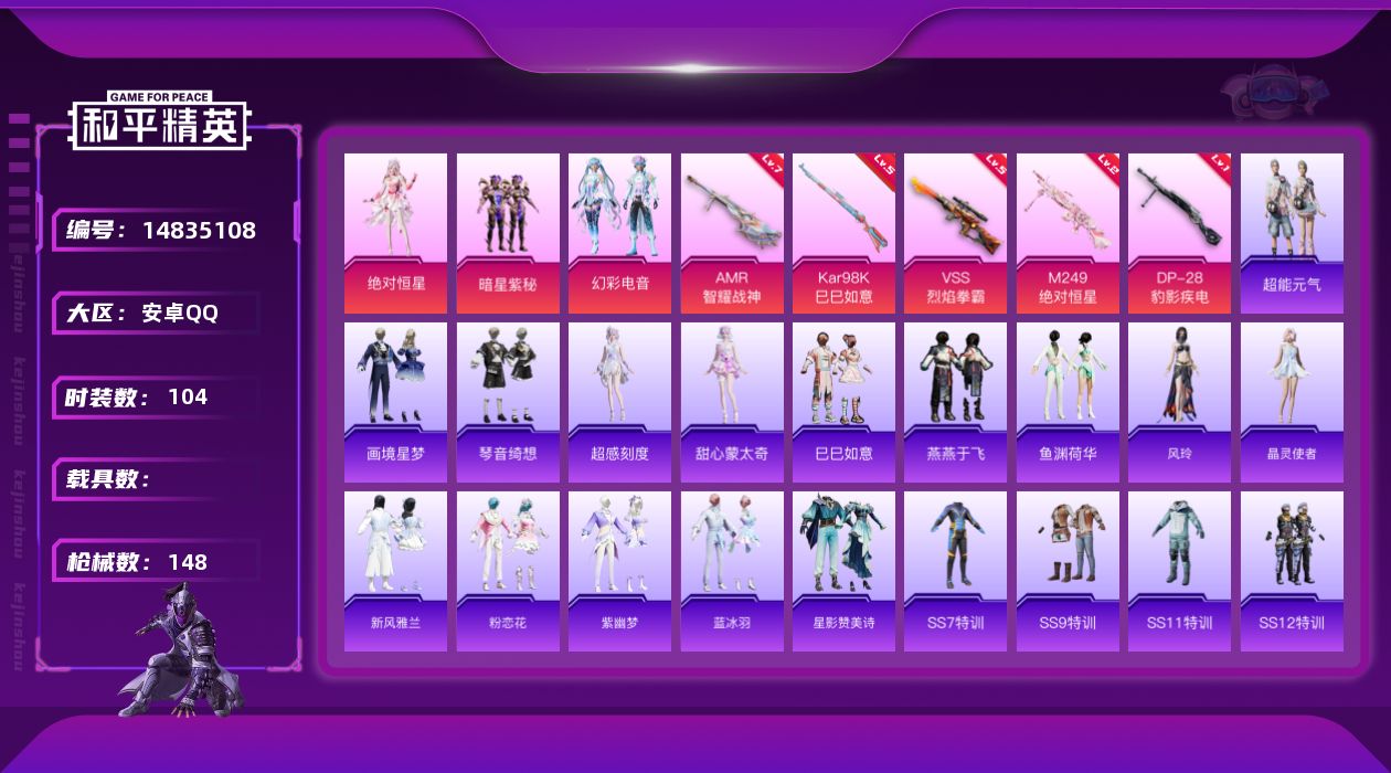 和平精英账号安卓QQ[14835108]【店主推荐捡漏号！可直接换绑】安卓 手Q-3粉装-5特效枪-0载具-1粉色飞行器-43572热力值-4王牌印记-104套装-148枪皮
【粉色套装】：角色-绝对恒星，粉装-暗星紫秘