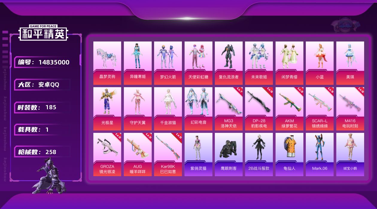 和平精英账号安卓QQDAS8203有二次 安卓Q-1载具12粉装8特效枪10热门185套装257枪皮 81553热力值 
