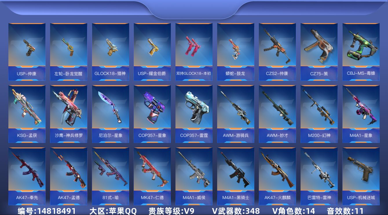 枪战王者账号苹果QQ可二次实名(新设备不显示二次)【可排位-可转区-钱包已删】苹果QQ-贵9-348v-收藏270武器-