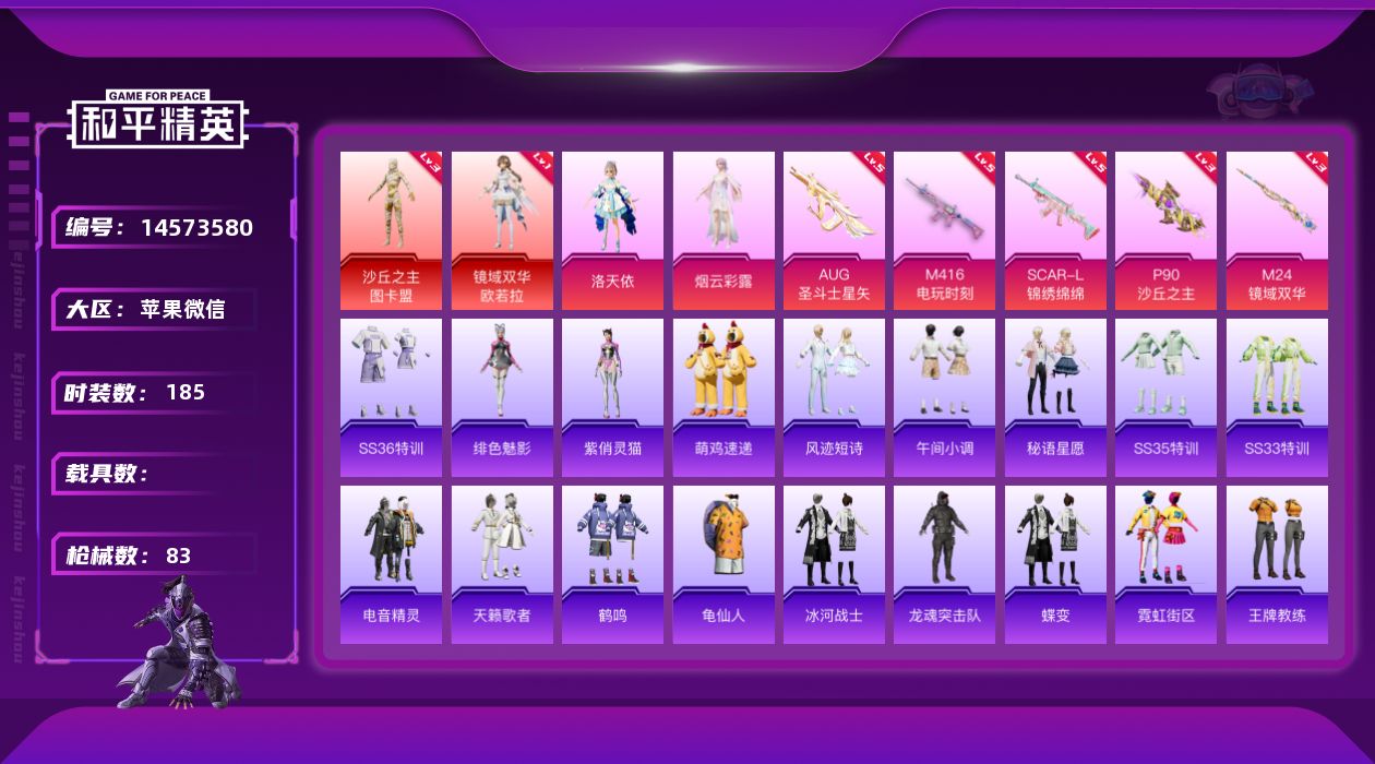和平精英账号苹果微信时装数: 53 枪械数: 83 战备数: 71 神级装扮: 沙丘之主-图卡盟,镜域双华-欧若拉 热门