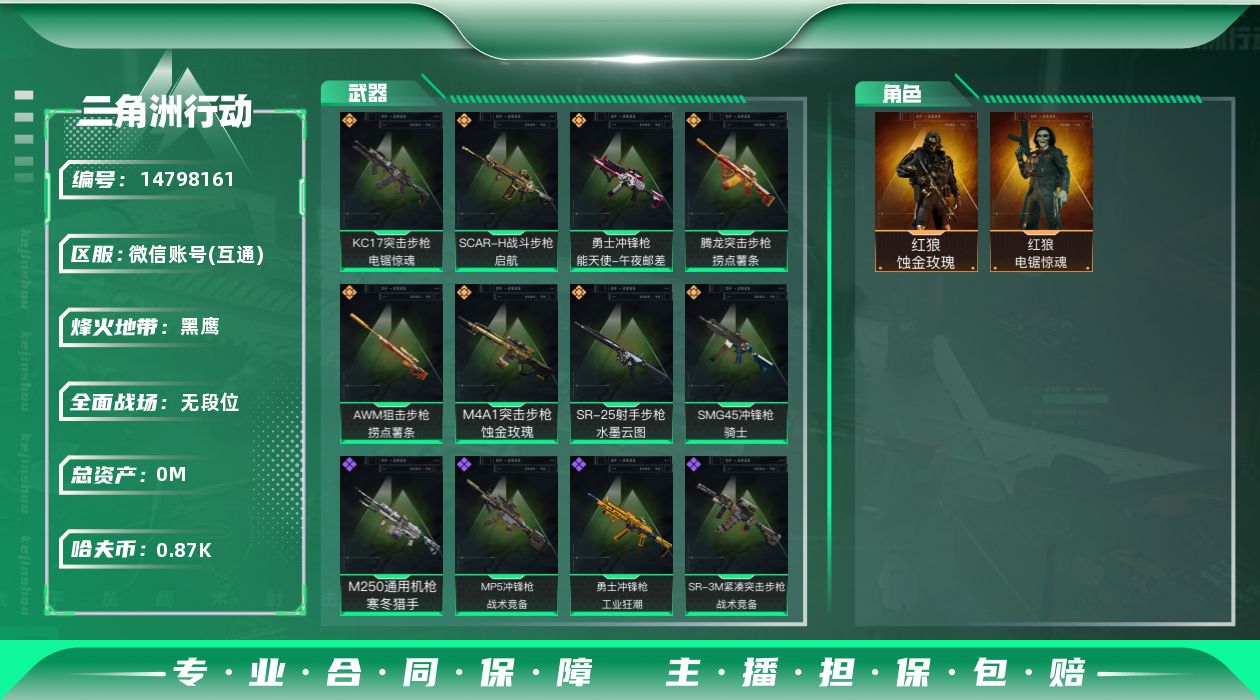 三角洲行动账号VX[]总资产:5.4M 2干员外观  8传说枪械 哈夫币:879K 可二次 可修改实名 永久限制社交场