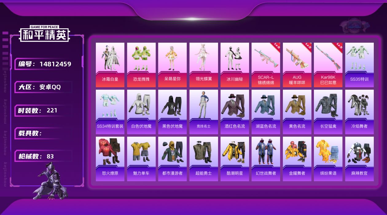 和平精英账号安卓QQ5粉装 3特效枪 0.0载具 3印记 可二次 
【热门装扮】冰霜白皇,恐龙拽拽,呆萌星弥,翎光蝶翼,
