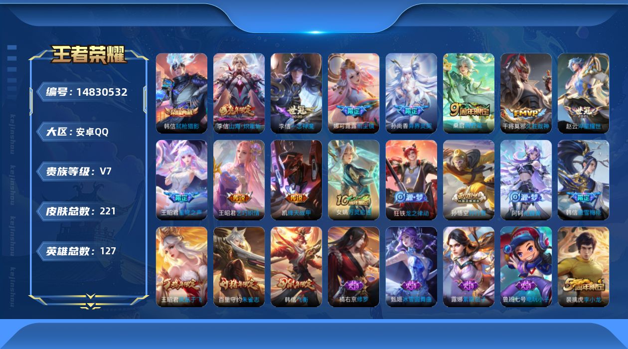 王者荣耀账号安卓QQ[14830532]实名: 可修改 贵族等级: V7 英雄数: 127 皮肤数: 221 荣耀水晶:
