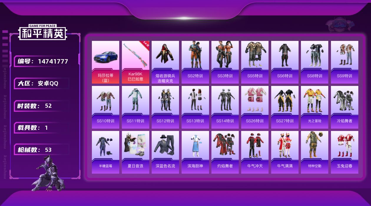 和平精英账号安卓QQ[14741777]【店主推荐捡漏号！可直接换绑】安卓 手Q-1特效枪-1载具-1.7w热力值-1王牌印记-52套装-53枪皮【热门品类】：熔岩游骑兵连帽夹克【粉色枪皮等级】：Kar98K-巳巳如意(