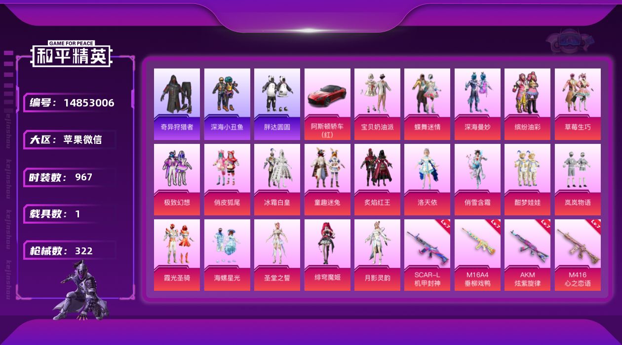 和平精英账号苹果微信19粉装 14特效枪 1载具 18印记 可二次 可修改实名 
【热门装扮】:月影灵韵,奇异狩猎者,绯