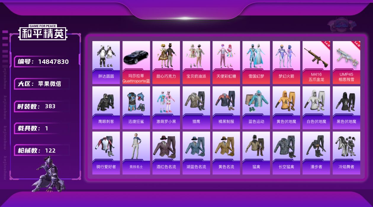 和平精英账号苹果微信5粉装 2特效枪 1.0载具 6印记 可二次 
【热门装扮】鹰眼刺客,迅捷狂鲨,胖达圆圆,甜心巧克力