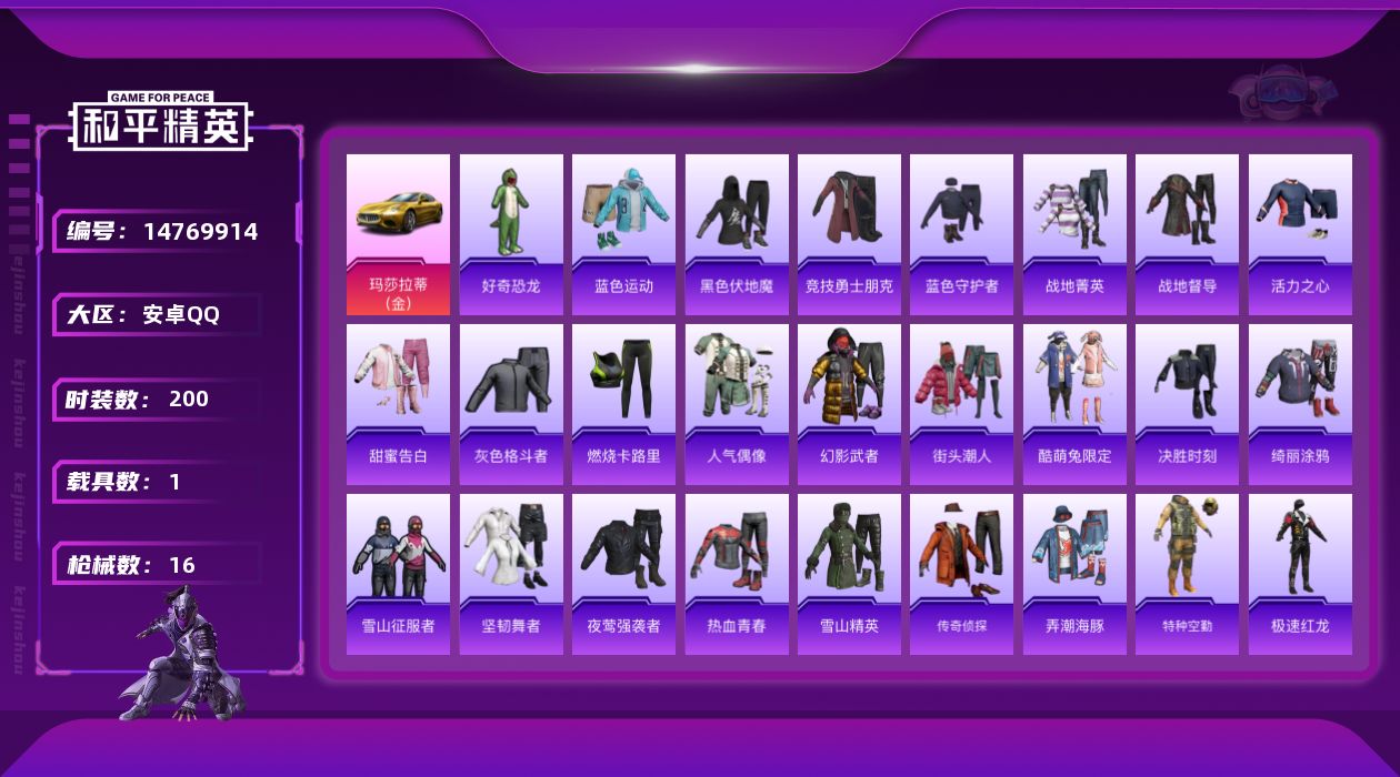 和平精英账号安卓QQ[14769914]1载具 可二次 可修改实名 有小黑屋 24小时
【热门装扮】:好奇恐龙
【载具】