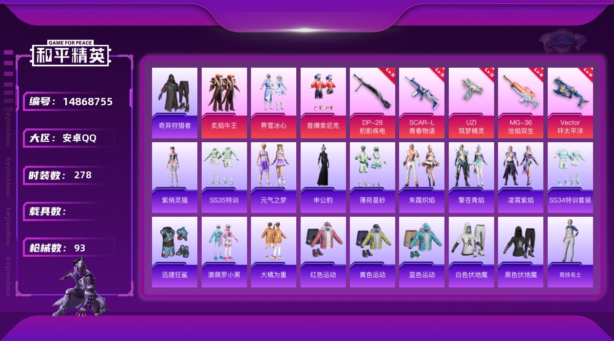 和平精英账号安卓QQ3粉装 5特效枪 6印记 可二次 可修改实名 
【热门装扮】:奇异狩猎者,炙焰牛王,霁雪冰心,音爆索