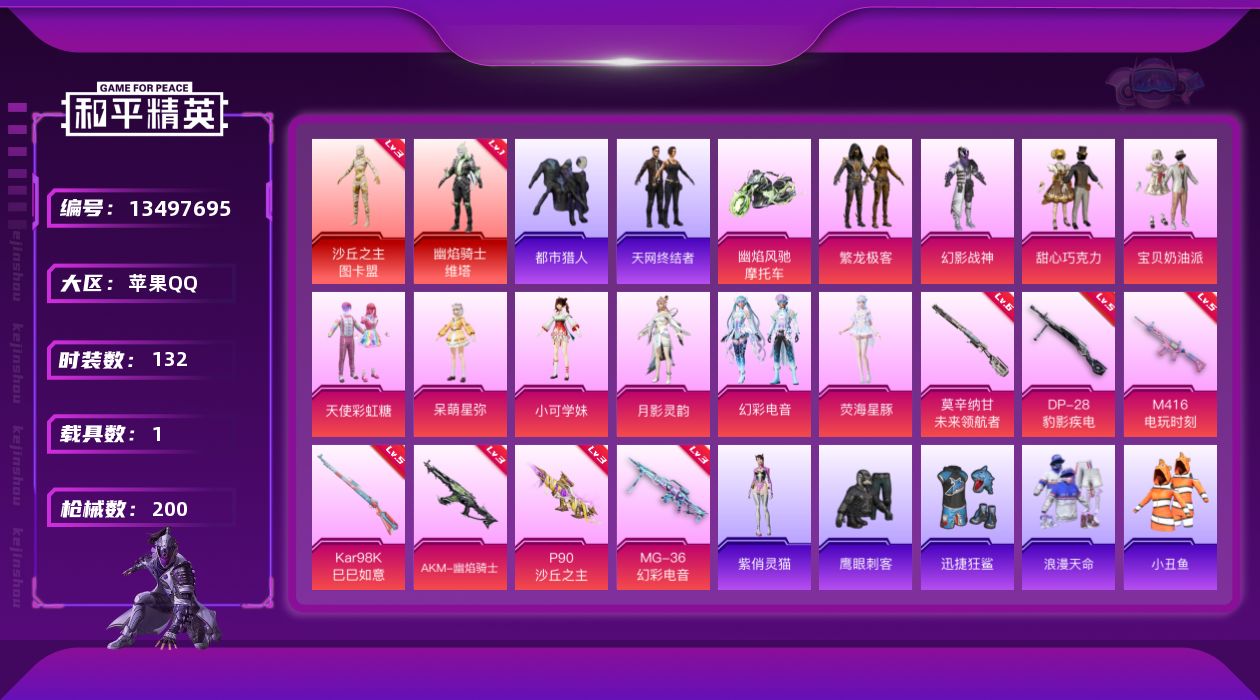 和平精英账号苹果QQ[13497695]【店主推荐捡漏号！可直接换绑】苹果 手Q-无敌战神框-2神装-10粉装-7特效枪-1载具-6粉色飞行器-63468热力值-12王牌印记-132套装-200枪皮【红色神装等级】：幽焰