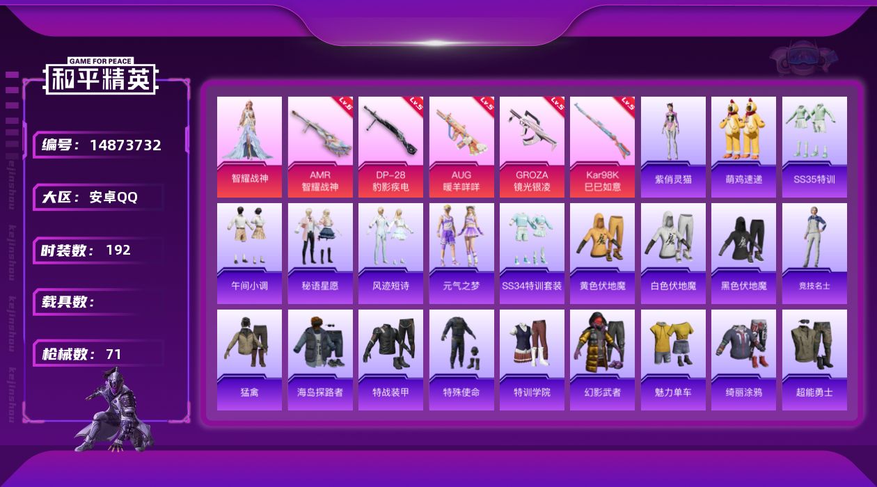 和平精英账号安卓QQ1粉装 5特效枪 0.0载具 4印记 可二次 
【热门装扮】智耀战神 
【稀有枪皮】AUG-暖羊咩咩
