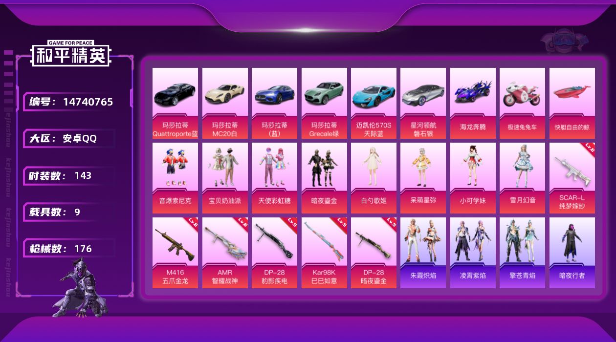和平精英账号安卓QQ[14740765]【店主推荐捡漏号！可直接换绑】/素材身法号 安卓 手Q-8粉装-6特效枪-9载具-4粉色飞行器-6.8w热力值-10王牌印记-143套装-176枪皮【热门品类】：粉装-音爆索尼克，