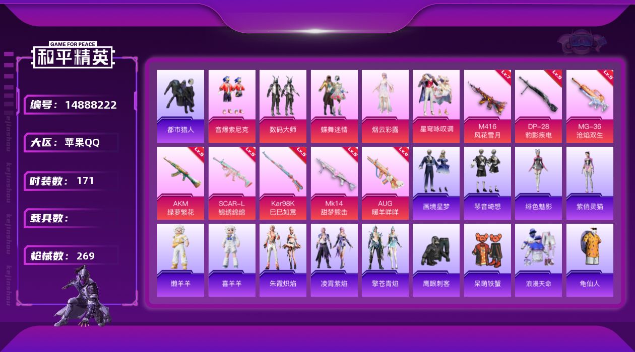 和平精英账号苹果QQ[14888222]【店主推荐捡漏号！可直接换绑】苹果 手Q-5粉装-8特效枪-0载具-4粉色飞行器-74898热力值-16王牌印记-171套装-269枪皮
【热门品类】：粉装-音爆索尼克，套装-浪漫
