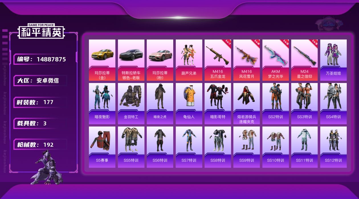 和平精英账号安卓微信[14887875]【店主推荐捡漏号！可直接换绑】安卓 微信-1粉装-4特效枪-3载具-1粉色飞行器-66548热力值-19王牌印记-177套装-192枪皮
【热门品类】：套装-金羽特工，套装-SS1