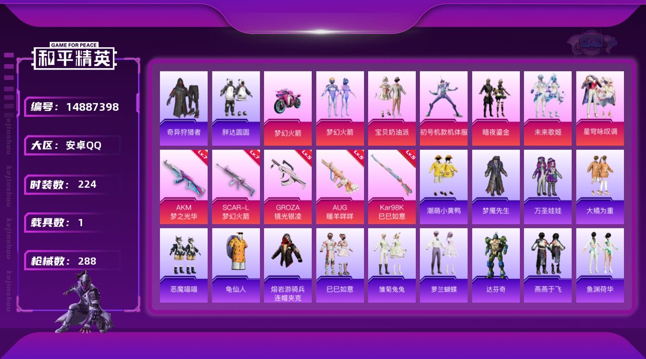 和平精英账号安卓QQ[14887398]【店主推荐捡漏号！可直接换绑】安卓 手Q-6粉装-5特效枪-1载具-3粉色飞行器-90079热力值-13王牌印记-224套装-288枪皮【热门品类】：粉装-梦幻火箭，套装-奇异狩猎