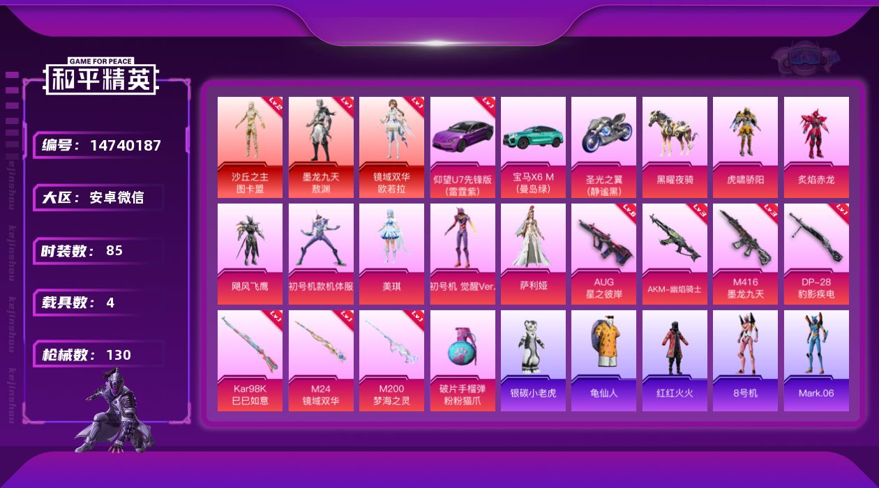 和平精英账号安卓微信[14740187]可二次【店主推荐捡漏号！可直接换绑】安卓 微信-3神装-7粉装-8特效枪-4载具-10粉色飞行器-55466热力值-13王牌印记-85套装-130枪皮可二次【店主推荐捡漏号！可直接