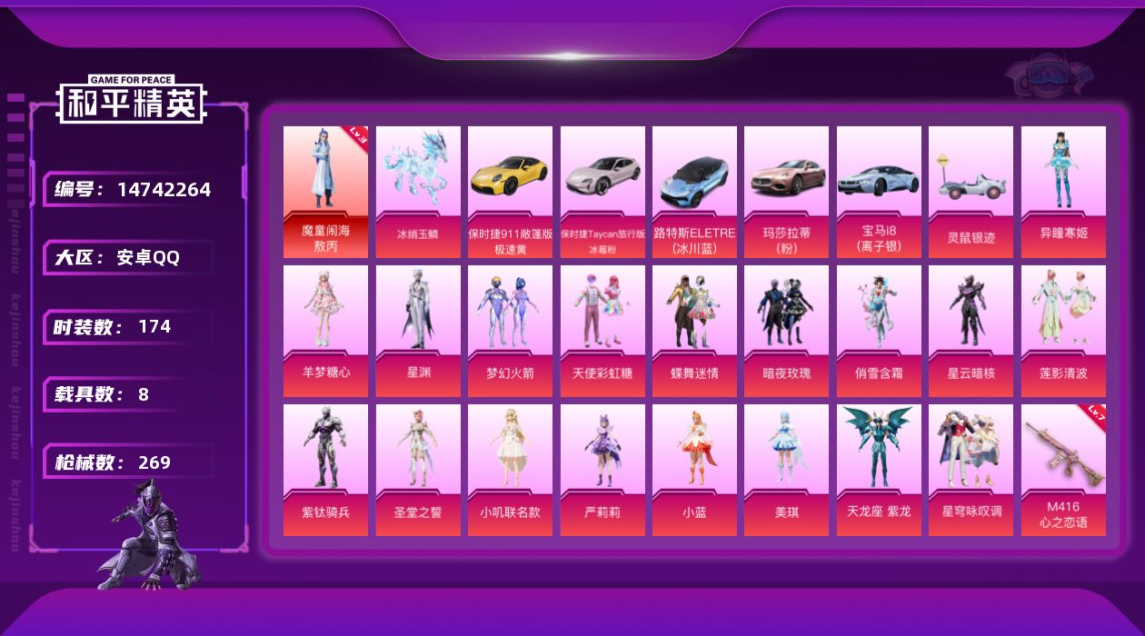 和平精英账号安卓QQ[14742264]【店主推荐捡漏号！可直接换绑】/素材身法号 安卓 手Q-1神装-18粉装-14特效枪-8载具-7粉色飞行器-10.3w热力值-11王牌印记-174套装-269枪皮【红色神装等级】：