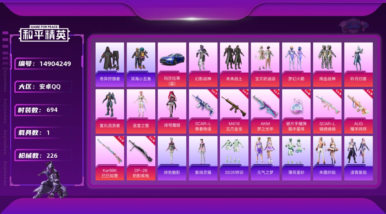 和平精英账号安卓QQ[14904249]9粉装 8特效枪 1载具 15印记 可二次 可修改实名 
【热门装扮】:奇异狩猎