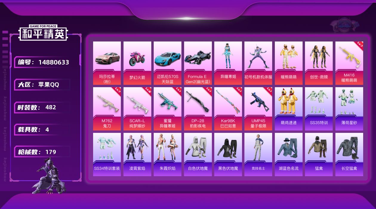 和平精英账号苹果QQ4粉装 7特效枪 4载具 11印记 可二次 可修改实名 
【热门装扮】:初号机款机体服(紫螳螂),异