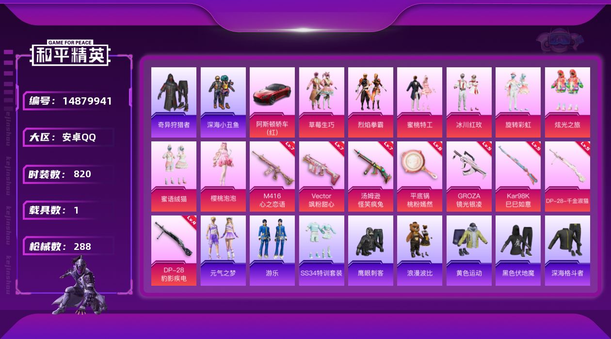 和平精英账号安卓QQ8粉装 8特效枪 1载具 11印记 可二次 可修改实名 连体王者
【热门装扮】:樱桃泡泡,奇异狩猎者