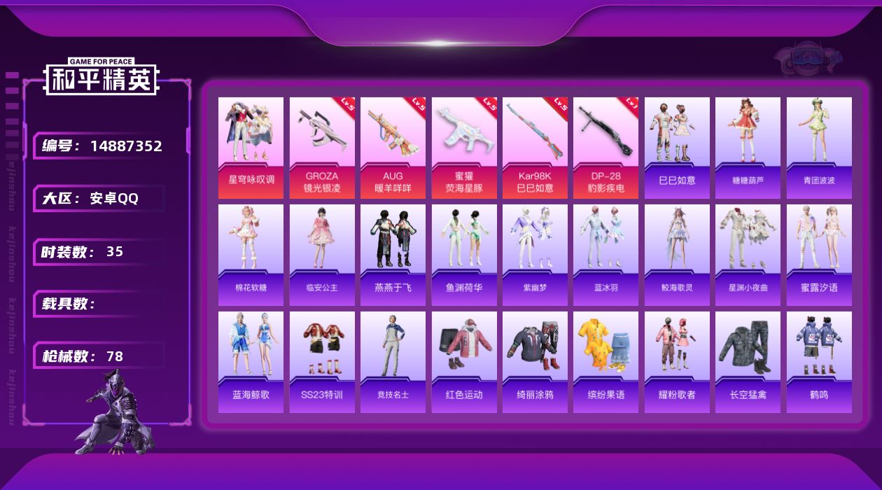 和平精英账号安卓QQ[14887352]可二次【店主推荐捡漏号！可直接换绑】 安卓 手Q-1粉装-5特效枪-0载具-0粉色飞行器-20108热力值-2王牌印记-35套装-78枪皮
【粉色套装】：粉装-星穹咏叹调
【粉色枪