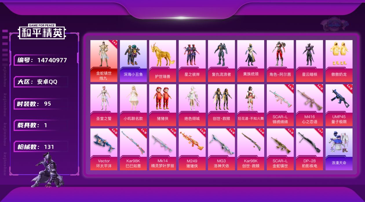 和平精英账号安卓QQ[14740977]可二次【店主推荐捡漏号！可直接换绑】/素材身法号/地铁满天赋 安卓 手Q-1神装-12粉装-11特效枪-1载具-8粉色飞行器-4.9w热力值-4王牌印记-95套装-131枪皮【红色