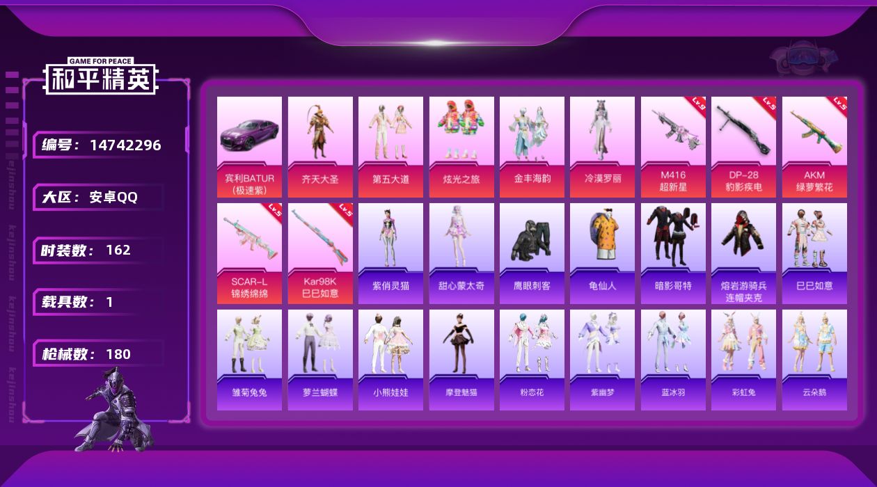 和平精英账号安卓QQ[14742296]【店主推荐捡漏号！可直接换绑】/素材身法号/M416-超新星(九级) 安卓 手Q-5粉装-5特效枪-1载具-3粉色飞行器-5.5w热力值-15王牌印记-162套装-180枪皮【热门