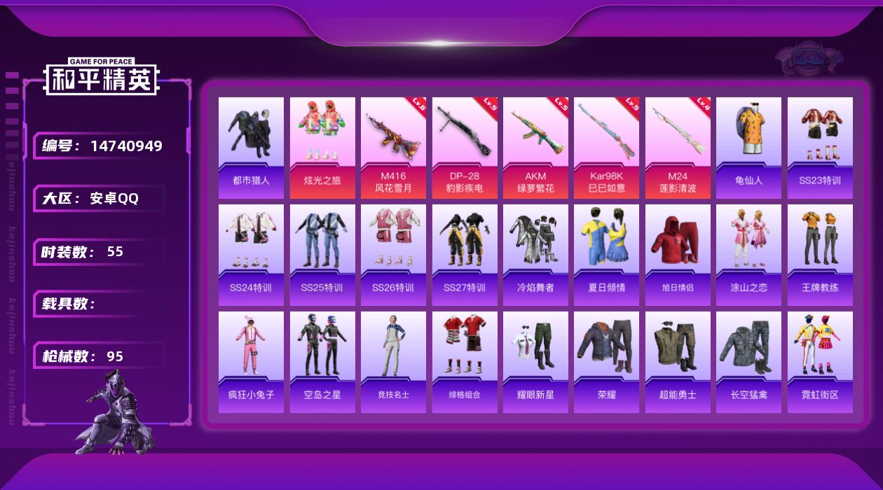 和平精英账号安卓QQ[14740949]可二次【店主推荐捡漏号！可直接换绑】/地铁满天赋 安卓 手Q-1粉装-5特效枪-1粉色飞行器-2.5w热力值-1王牌印记-55套装-95枪皮【热门品类】：套装-都市猎人，套装-龟仙