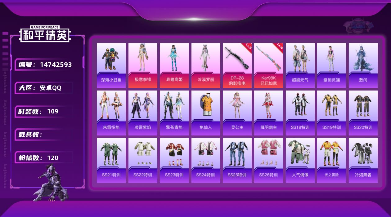 和平精英账号安卓QQ[14742593]【店主推荐捡漏号！可直接换绑】/绝世印记1/地铁满天赋 安卓 手Q-3粉装-2特效枪-1粉色飞行器-3.3w热力值-7王牌印记-109套装-120枪皮【热门品类】：套装-深海小丑鱼