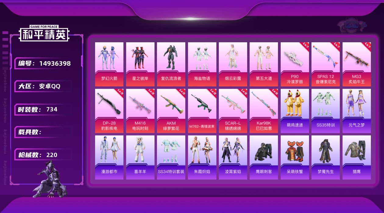 和平精英账号安卓QQ6粉装 9特效枪 17印记 可二次 可修改实名 
【热门装扮】:梦幻火箭(新101) ,星之彼岸,海