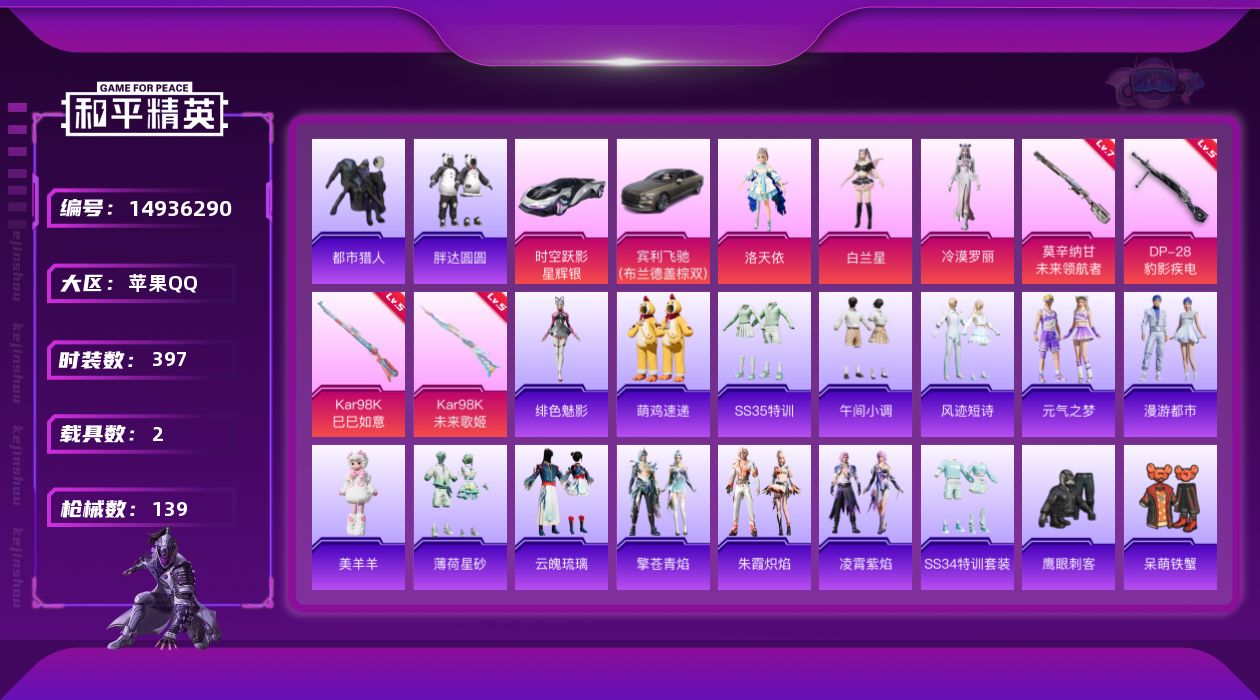 和平精英账号苹果QQ3粉装 4特效枪 2载具 11印记 可二次 可修改实名 
【热门装扮】:冷漠罗丽,洛天依,白兰星,胖