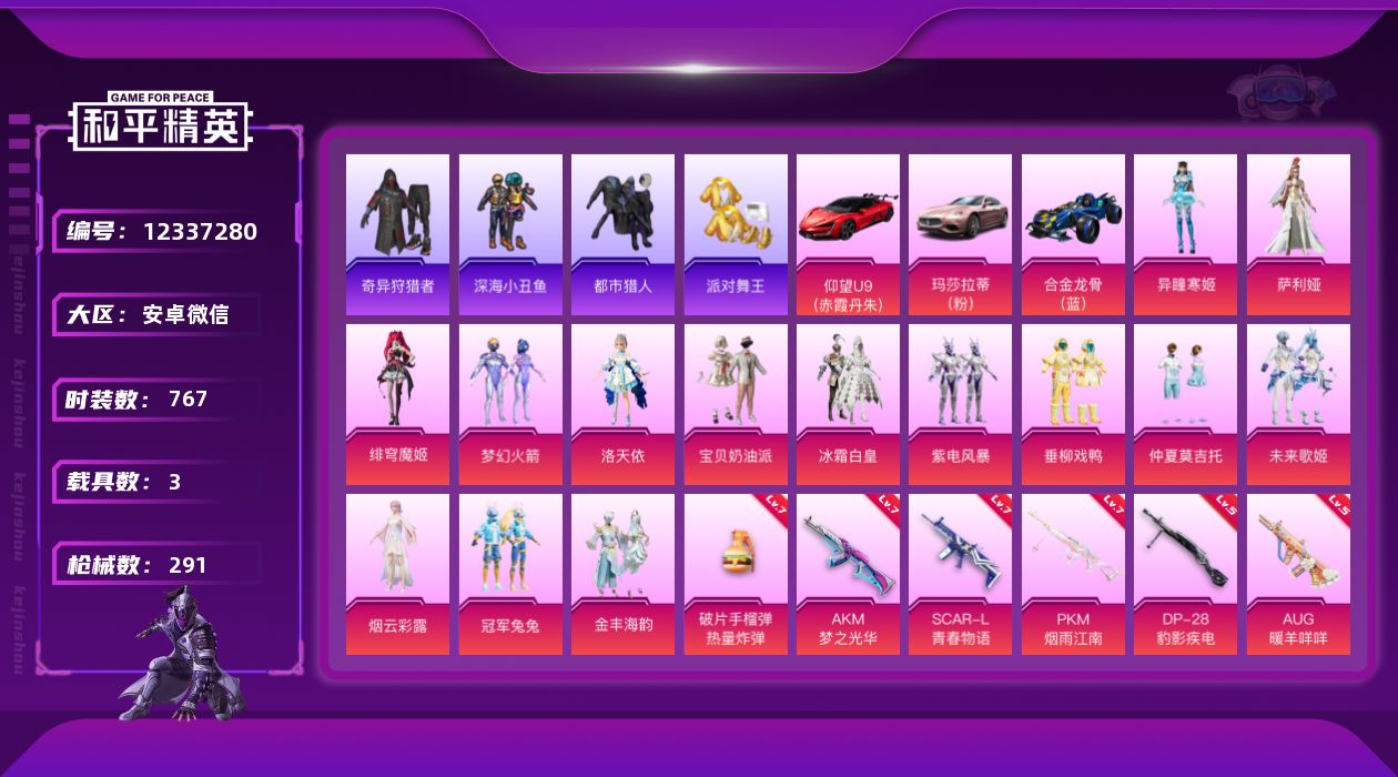 和平精英账号安卓微信-4稀有3载具13粉装12特效枪【4稀有】奇异狩猎者 都市猎人 浪漫天命 派对舞王金鞋子【3载具】 