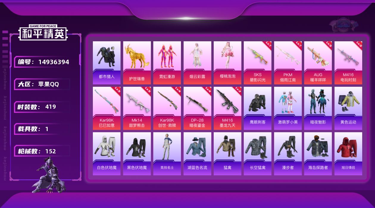 和平精英账号苹果QQ3粉装 9特效枪 1载具 4印记 可二次 可修改实名 
【热门装扮】:樱桃泡泡,烟云彩露,霓虹漫游,