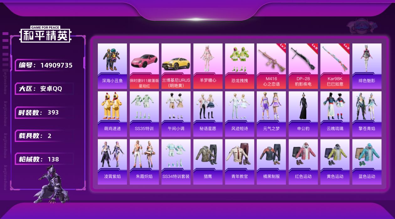 和平精英账号安卓QQ2粉装 3特效枪 2载具 7印记 可二次 可修改实名 
【热门装扮】:羊梦糖心,恐龙拽拽,深海小丑鱼