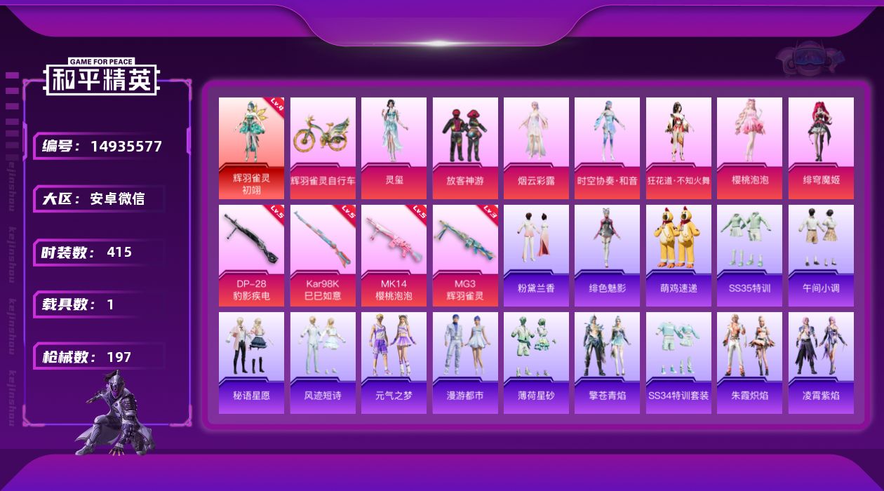 和平精英账号安卓微信[14935577]1红装 7粉装 4特效枪 1.0载具 9印记 可二次 
【四级神装】四级辉羽雀灵