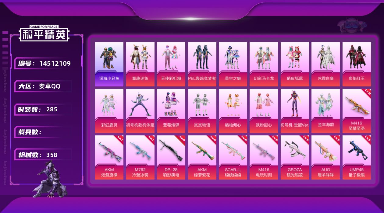 和平精英账号安卓QQ[14512109]【店主推荐捡漏号！可直接换绑】安卓 手Q-无敌战神框-16粉装-12特效枪-0载具-7粉色飞行器-118777热力值-27王牌印记-285套装-358枪皮【热门品类】：粉装-童趣迷