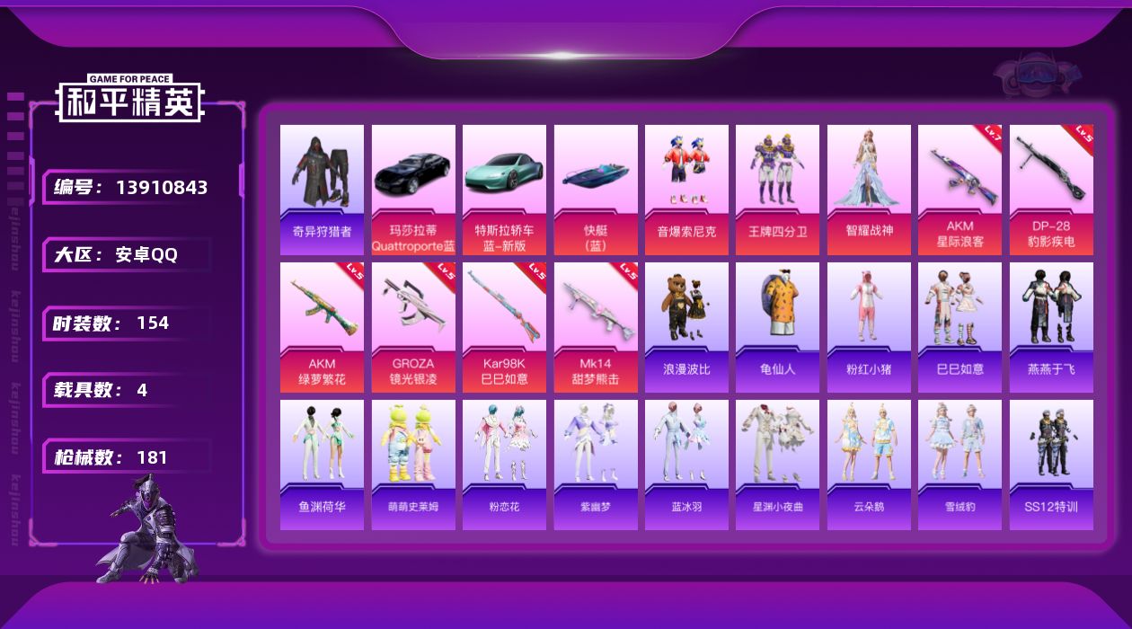 和平精英账号安卓QQ[13910843]【店主推荐捡漏号！可直接换绑】安卓 手Q-3粉装-6特效枪-4载具-1粉色飞行器-6.3w热力值-11王牌印记-154套装-181枪皮【热门品类】：粉装-音爆索尼克，套装-奇异狩猎