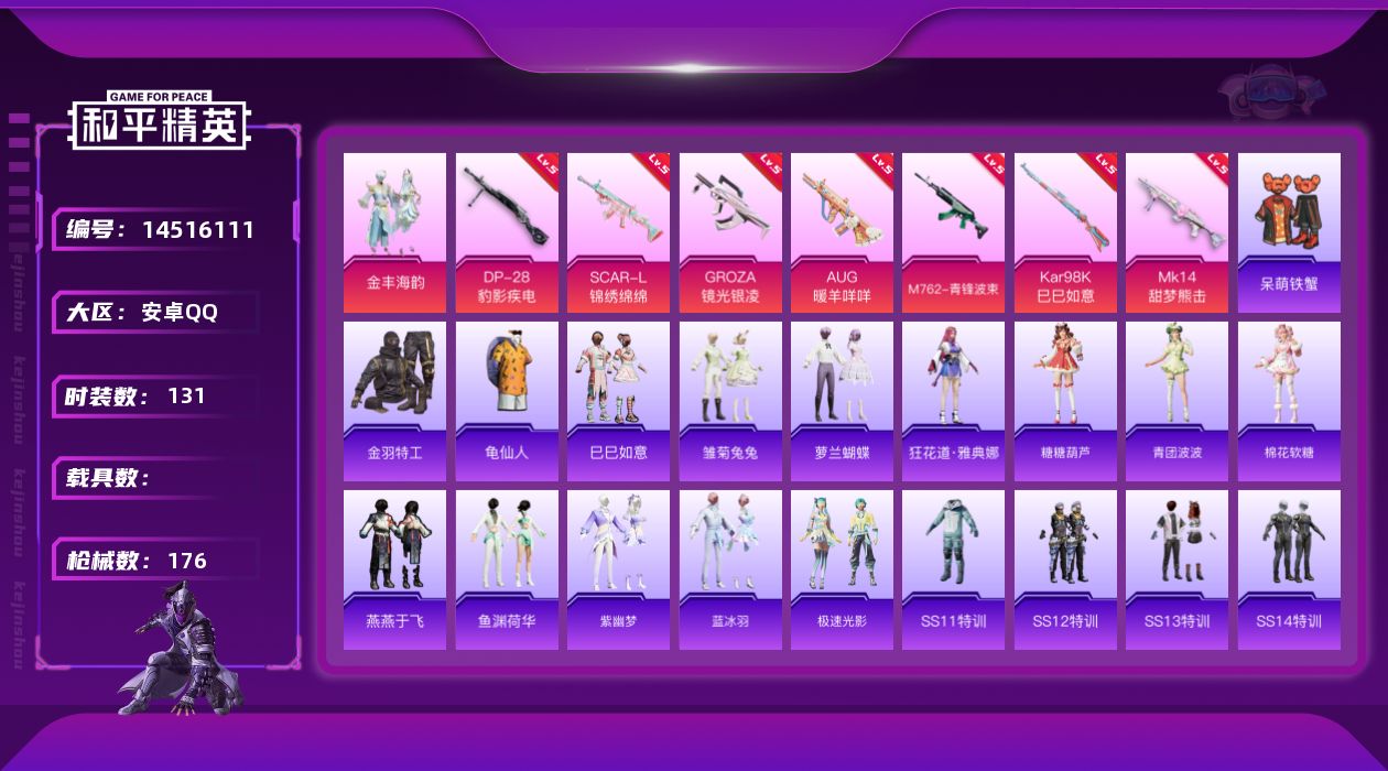 和平精英账号安卓QQ[14516111]可二次【店主推荐捡漏号！可直接换绑】/绝世印记1 安卓 手Q-1粉装-7特效枪-1粉色飞行器-5.2w热力值-20王牌印记-131套装-176枪皮【热门品类】：绝对防御上衣，套装-