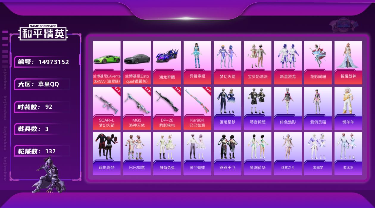 和平精英账号苹果QQ[14973152]DAS7641 包人脸 苹果Q-3载具6粉装4特效枪6热门92套装137枪皮 42118热力值 5印记 历史卓越王牌13星  梦幻火箭 宝贝奶油派 满级SCAR-L-梦幻火箭 (7
