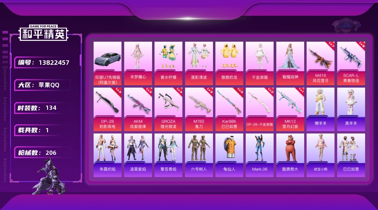 和平精英账号苹果QQ[13822457]苹果 手Q-无敌战神框-6粉装-9特效枪-1载具-1粉色飞行器-65381热力值-15王牌印记-134套装-206枪皮【热门品类】：套装-六号树人，套装-龟仙人，角色-Mark.0