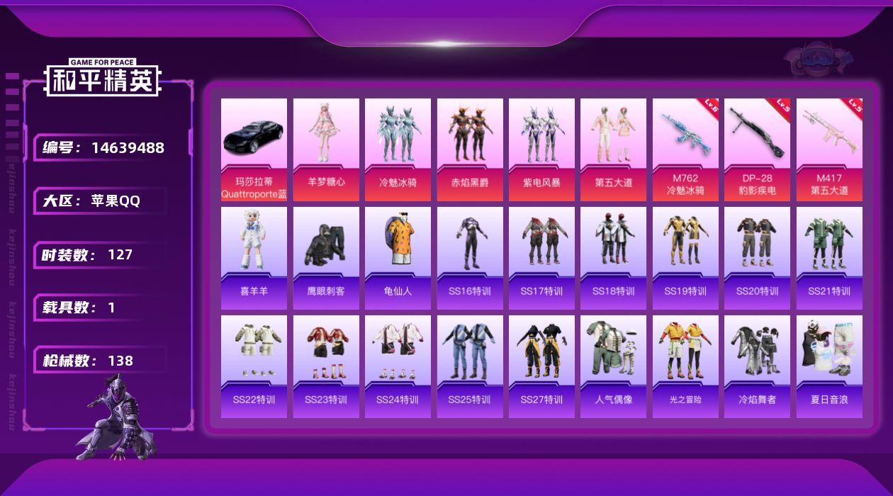 和平精英账号苹果QQ[14639488]【店主推荐捡漏号！可直接换绑】/素材身法号/无敌战神框1 苹果 手Q-无敌战神框-5粉装-3特效枪-1载具-3粉色飞行器-4.9w热力值-10王牌印记-127套装-138枪皮【热门