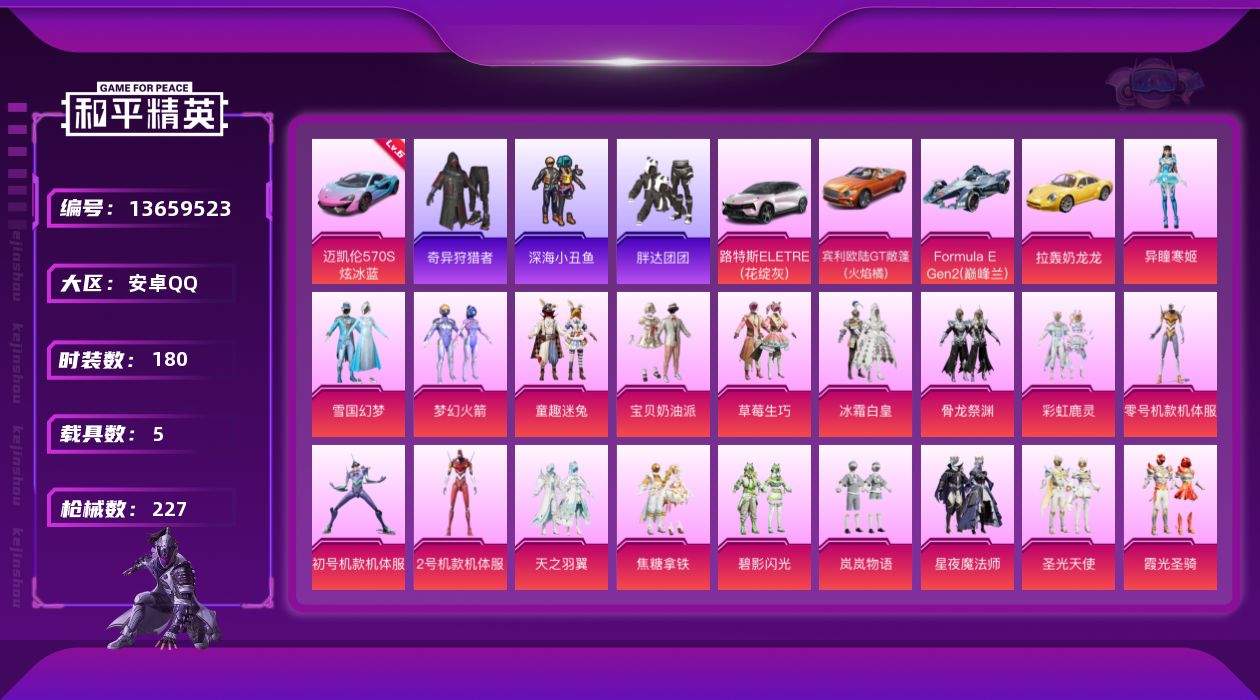和平精英账号安卓QQ[13659523]【店主推荐捡漏号！可直接换绑】/素材身法号/迈凯伦570S（炫冰蓝）(六级)/无敌战神框1/绝世印记2 安卓 手Q-无敌战神框-26粉装-13特效枪-5载具-6粉色飞行器-9.8w
