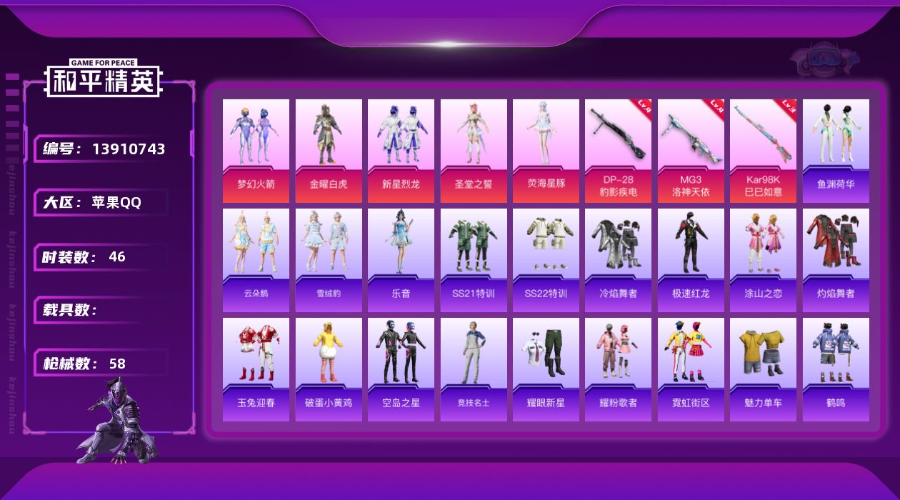 和平精英账号苹果QQ[13910743]【店主推荐捡漏号！可直接换绑 】苹果 手Q-5粉装-3特效枪-1.7w热力值-1王牌印记-46套装-58枪皮【热门品类】：粉装-梦幻火箭【粉色套装】：粉装-金曜白虎，粉装-梦幻火箭