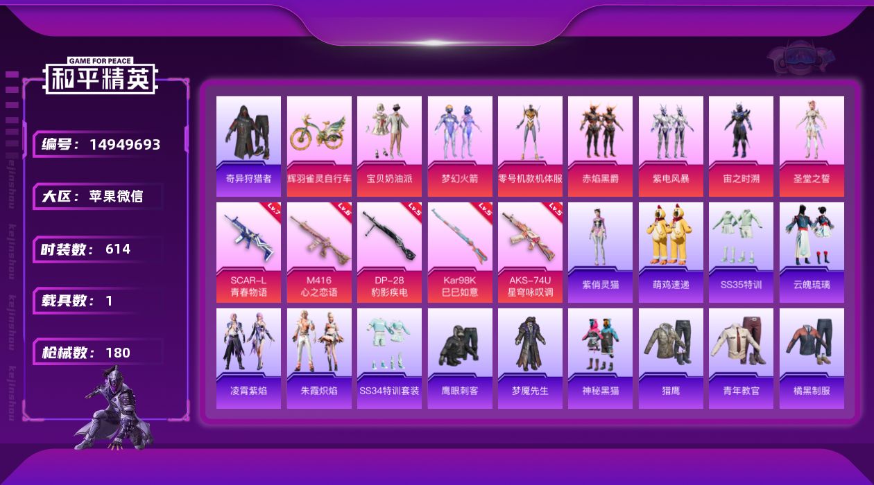 和平精英账号苹果微信[14949693]7粉装 5特效枪 1.0载具 9印记 可二次 
【热门装扮】鹰眼刺客,奇异狩猎者