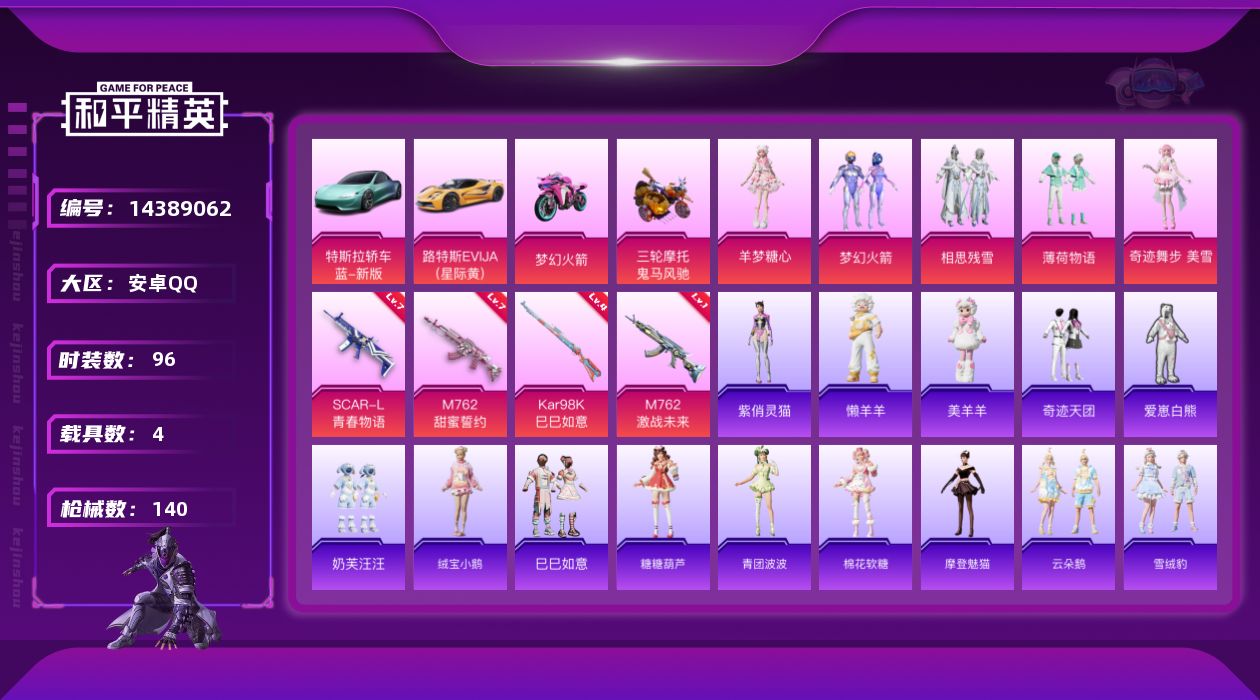 和平精英账号安卓QQ[14389062]可二次【店主推荐捡漏号！可直接换绑】 安卓 手Q-5粉装-4特效枪-4载具-1粉色飞行器-4.5w热力值-3王牌印记-96套装-140枪皮【热门品类】：粉装-梦幻火箭【粉色载具】：