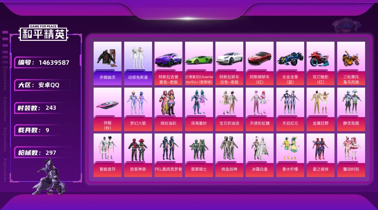 和平精英账号安卓QQ[14639587]可二次【店主推荐捡漏号！可直接换绑】/素材身法号 安卓 手Q-24粉装-13特效枪-9载具-8粉色飞行器-13w热力值-15王牌印记-243套装-297枪皮【热门品类】：粉装-梦幻