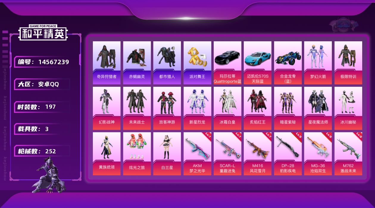 和平精英账号安卓QQ[14567239]【店主推荐捡漏号！可直接换绑】/素材身法号 安卓 手Q-14粉装-12特效枪-3载具-5粉色飞行器-8.9w热力值-19王牌印记-197套装-252枪皮【热门品类】：粉装-梦幻火箭