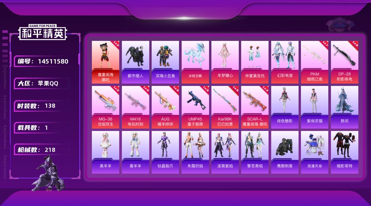和平精英账号苹果QQ[14511580]地铁满天赋/716碎片可二次【店主推荐捡漏号！可直接换绑】苹果 手Q-1神装-3粉装-8特效枪-1载具-4粉色飞行器-63108热力值-8王牌印记-138套装-218枪皮【红色神装