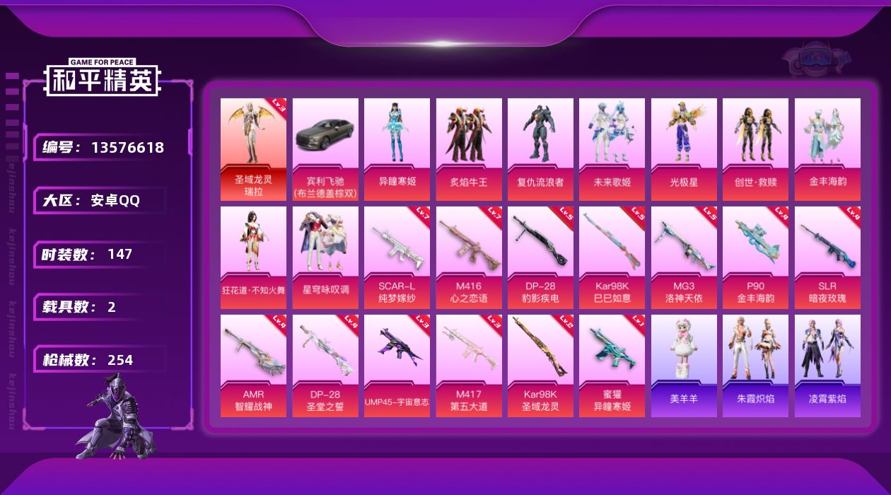 和平精英账号安卓QQ[13576618]【店主推荐捡漏号！可直接换绑】/素材身法号/地铁满天赋 安卓 手Q-1神装-9粉装-13特效枪-2载具-5粉色飞行器-8w热力值-17王牌印记-147套装-254枪皮【红色神装等级