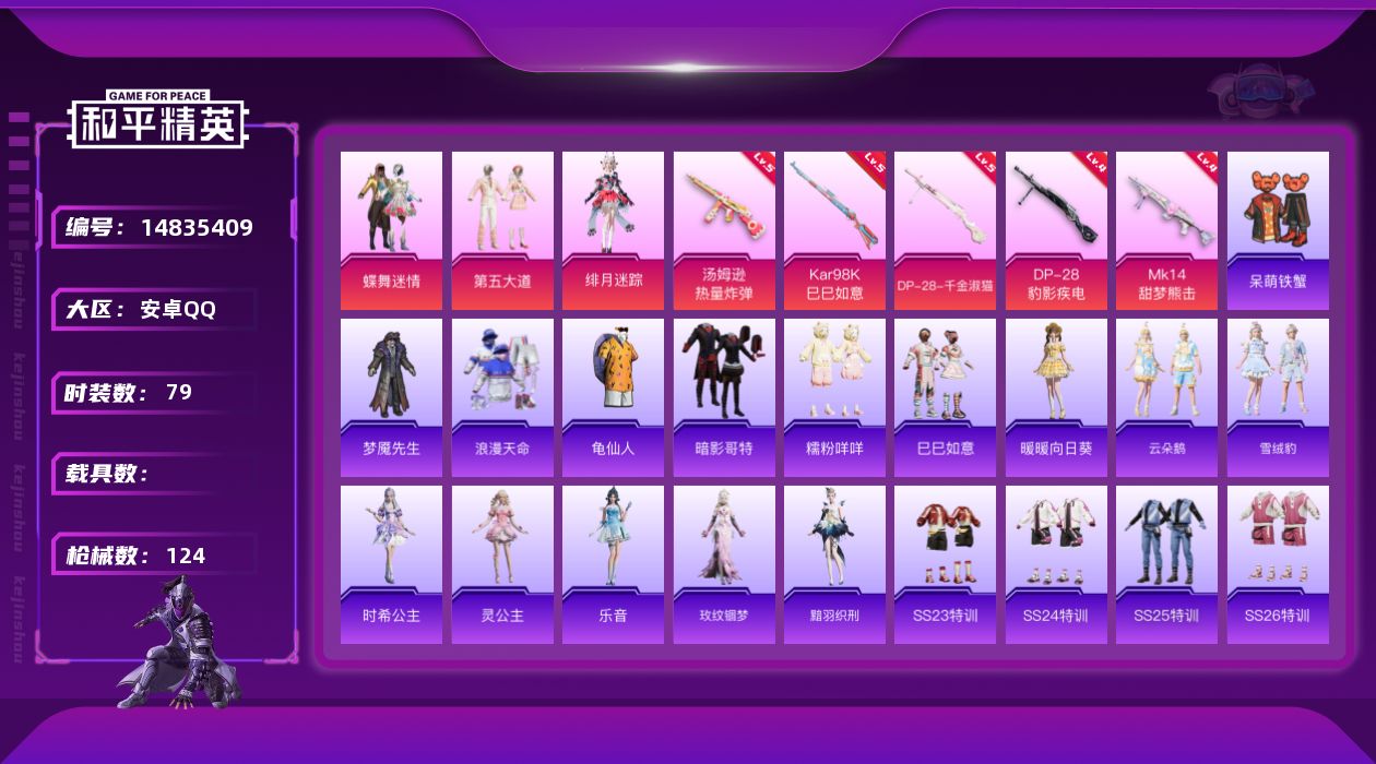 和平精英账号安卓QQ[14835409]【店主推荐捡漏号！可直接换绑】安卓 手Q-3粉装-5特效枪-0载具-1粉色飞行器-32885热力值-1王牌印记-79套装-124枪皮【热门品类】：套装-浪漫天命，套装-龟仙人，套装
