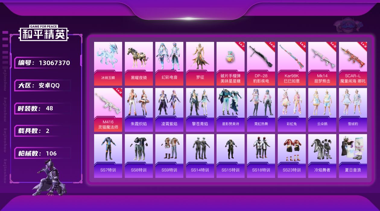 和平精英账号安卓QQ[13067370]素材身法号/无敌战神框1/绝世印记2/璀璨碎片1811/扭蛋碎片452/地铁满天赋【特价急出/详情看图】：安卓 手Q-无敌战神框-2粉装-6特效枪-2载具-4粉色飞行器-3.3w热